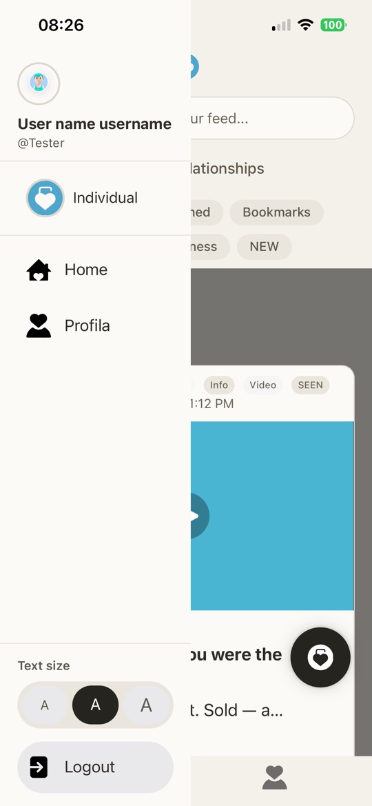 The app menu with the account switcher, Home, Profila, text size and logout