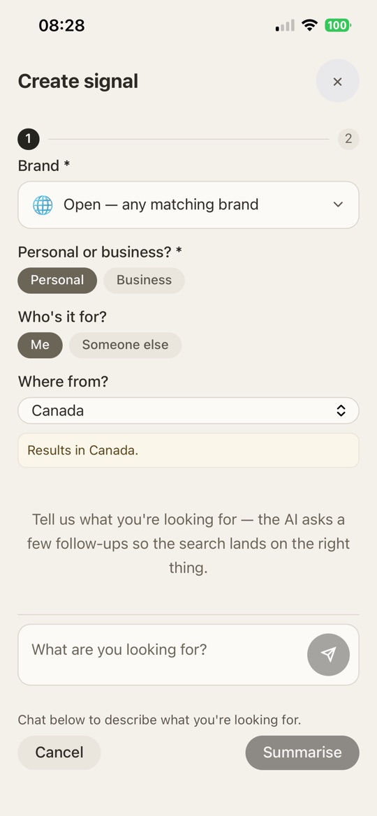 Create signal step 1 — choose Open or a brand, personal or business, and a market
