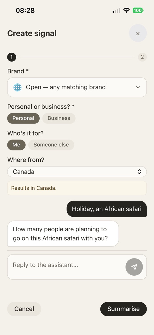 Create signal — saying “Holiday, an African safari” and the assistant’s first follow-up