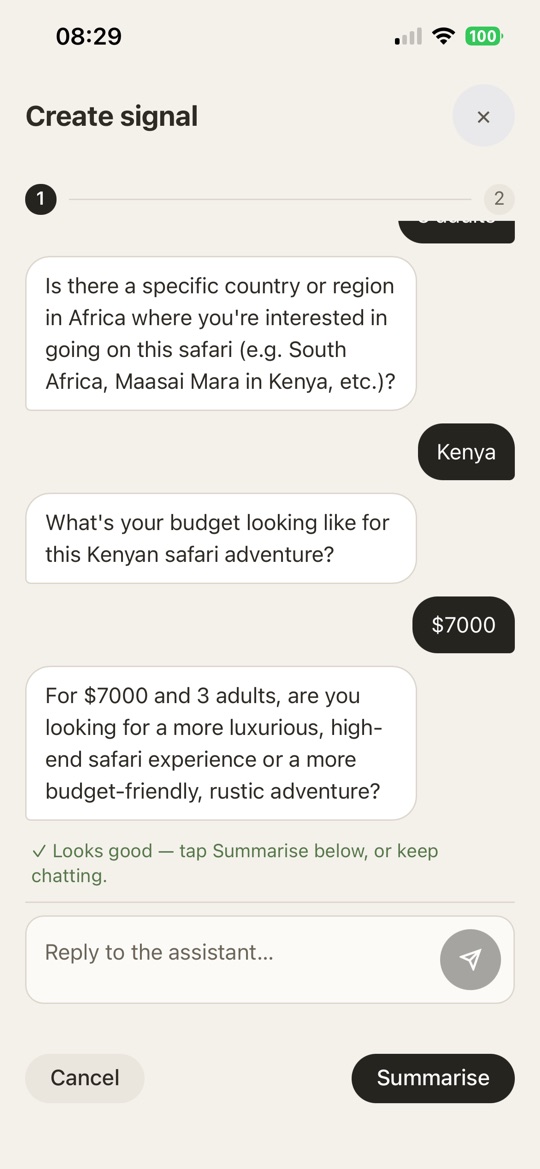 Create signal — the assistant narrowing down destination, budget and style