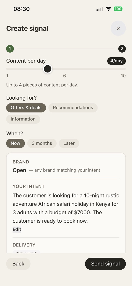 Create signal step 2 — content per day, what you’re looking for, when, and the summary