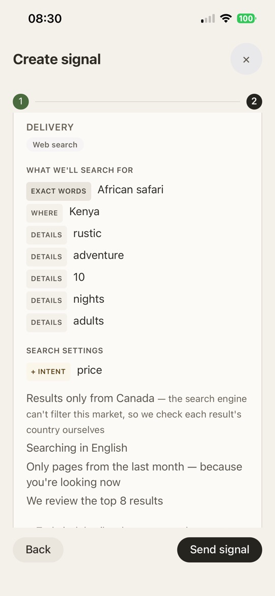 A signal summary listing the exact words that will be searched for and the search settings