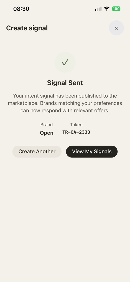 Signal sent, with its token TR-CA-2333