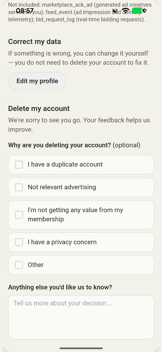 Correct my data, with an Edit my profile button, above the Delete my account section