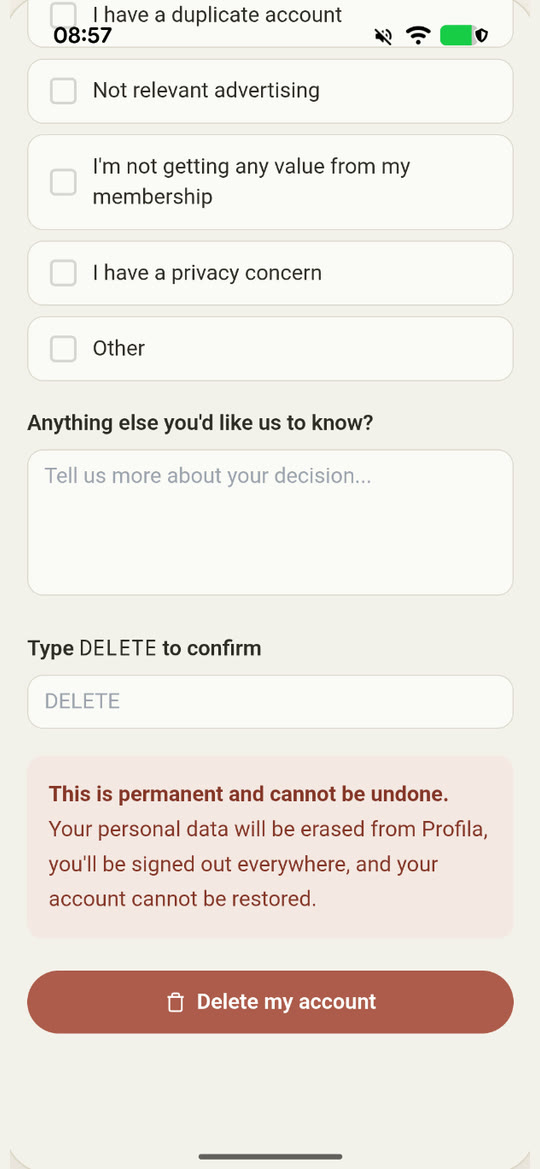 Delete my account — type DELETE to confirm; a warning that it is permanent and cannot be undone
