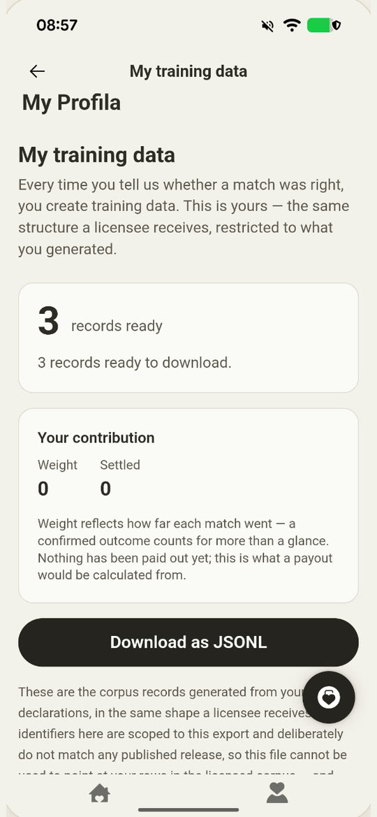 My training data — records ready to download, your contribution, and a Download as JSONL button