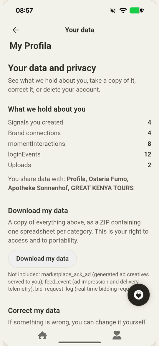 Your data and privacy — counts of signals, brand connections, interactions, logins and uploads, the brands you share with, and a Download my data button