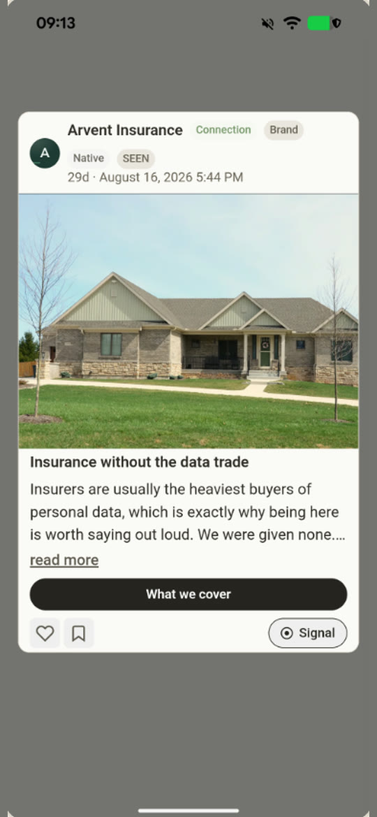 An Arvent Insurance native card: “Insurance without the data trade”