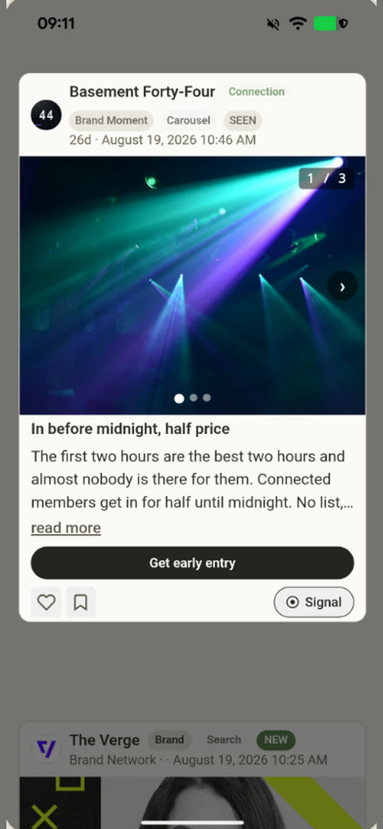 A Basement Forty-Four Brand Moment carousel: “In before midnight, half price”