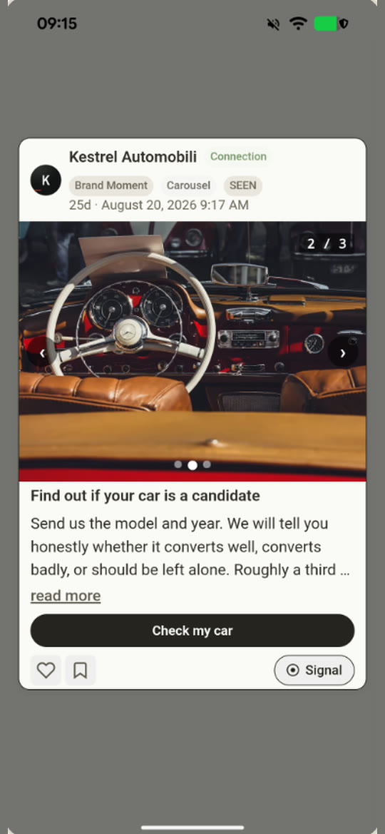 A Kestrel Automobili carousel card: “Find out if your car is a candidate”