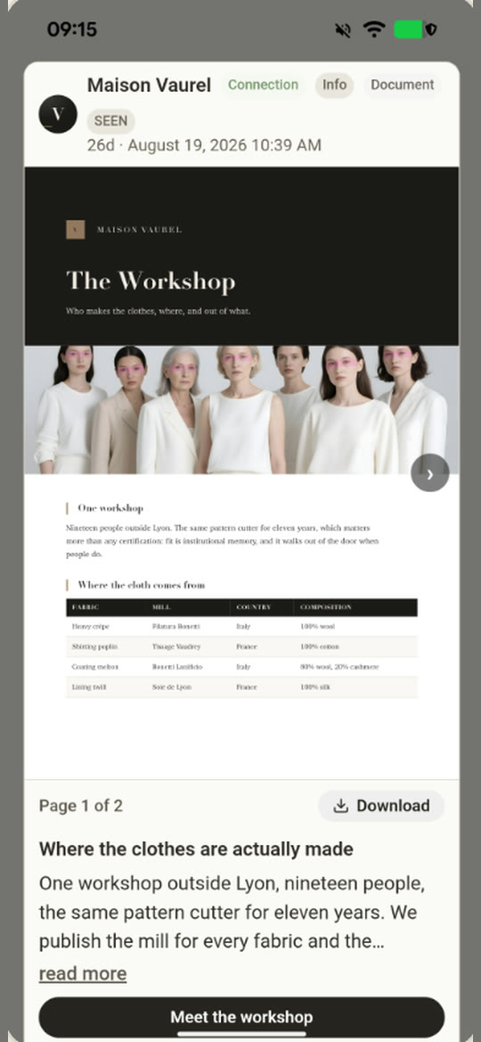 A Maison Vaurel info card with a two-page document, The Workshop