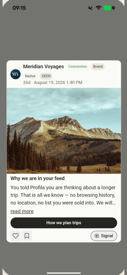 A Meridian Voyages card, marked Connection and Native: “Why we are in your feed”