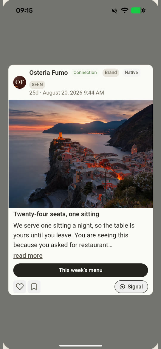 An Osteria Fumo native card: “Twenty-four seats, one sitting”