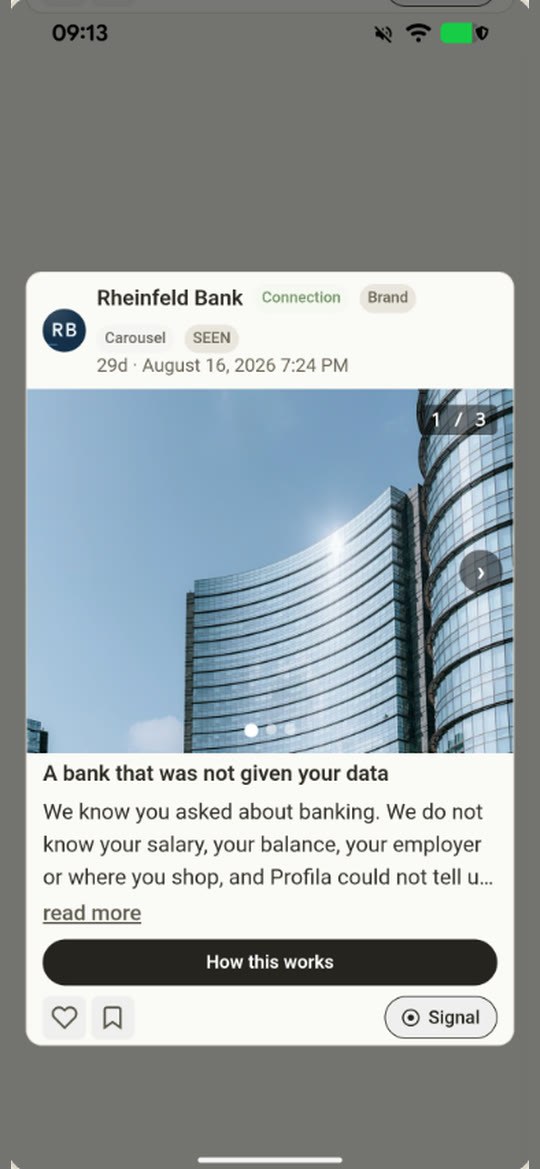 A Rheinfeld Bank carousel card: “A bank that was not given your data”