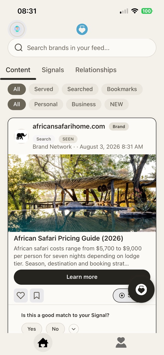 The Content tab with All, Served, Searched and Bookmarks filters above a matched brand card