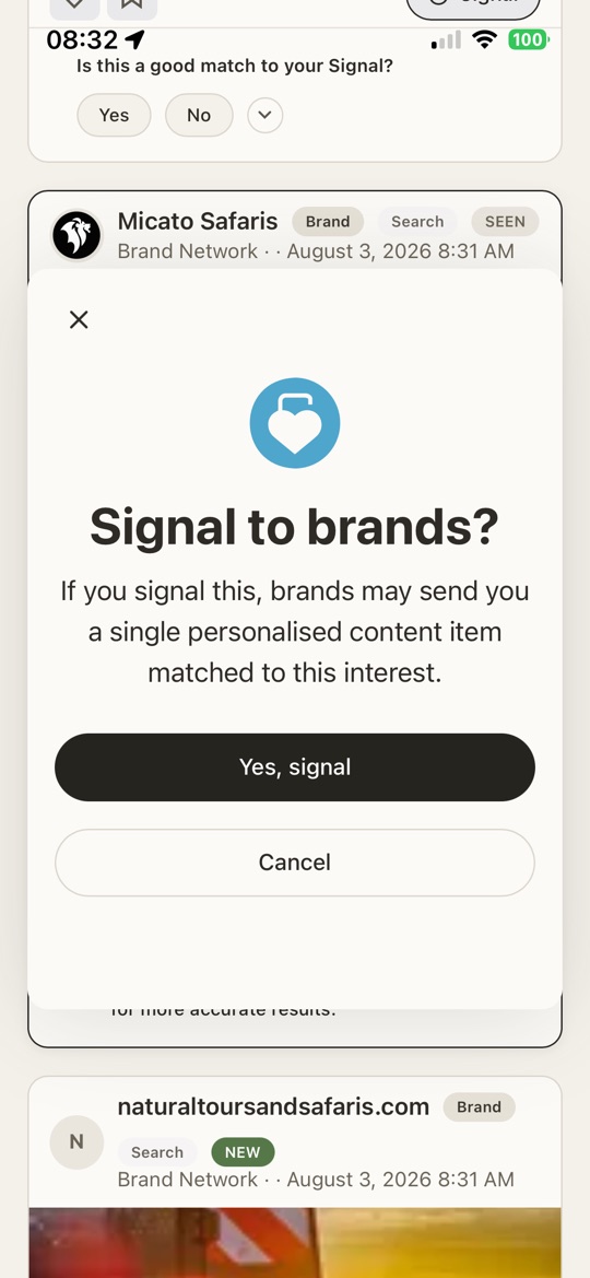 The “Signal to brands?” confirmation, explaining brands may send a single personalised item