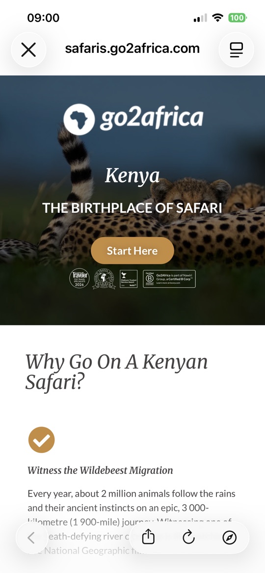 A discovered website opening inside Profila — go2africa.com, full page, no advertising