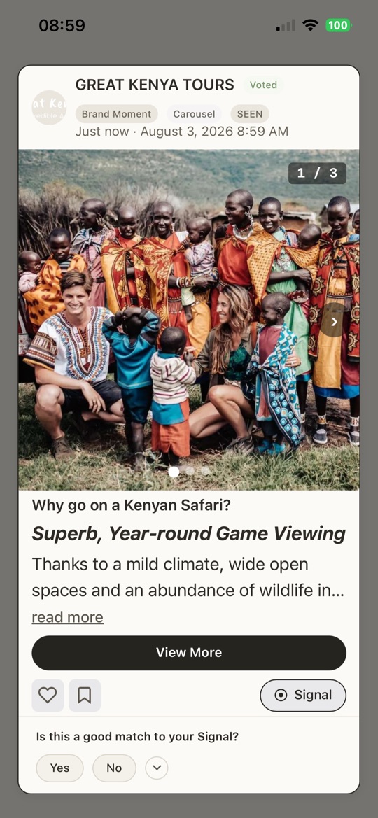 A Brand Moment from a brand marked Voted — a photo carousel about a Kenyan safari, made in response to the signal