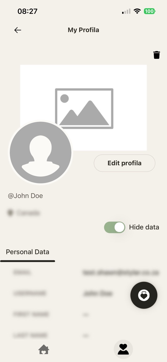 My Profila showing “Edit profila” and the delete-account bin