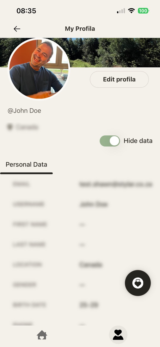 My Profila with the “Hide data” switch on, blurring the personal data fields
