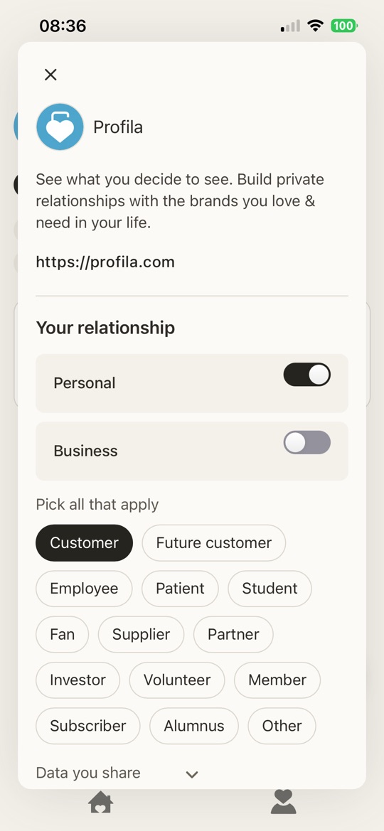 A brand relationship sheet with personal and business toggles and role chips