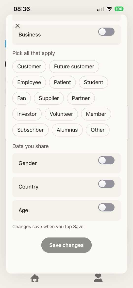 The “Data you share” panel with separate switches for gender, country and age