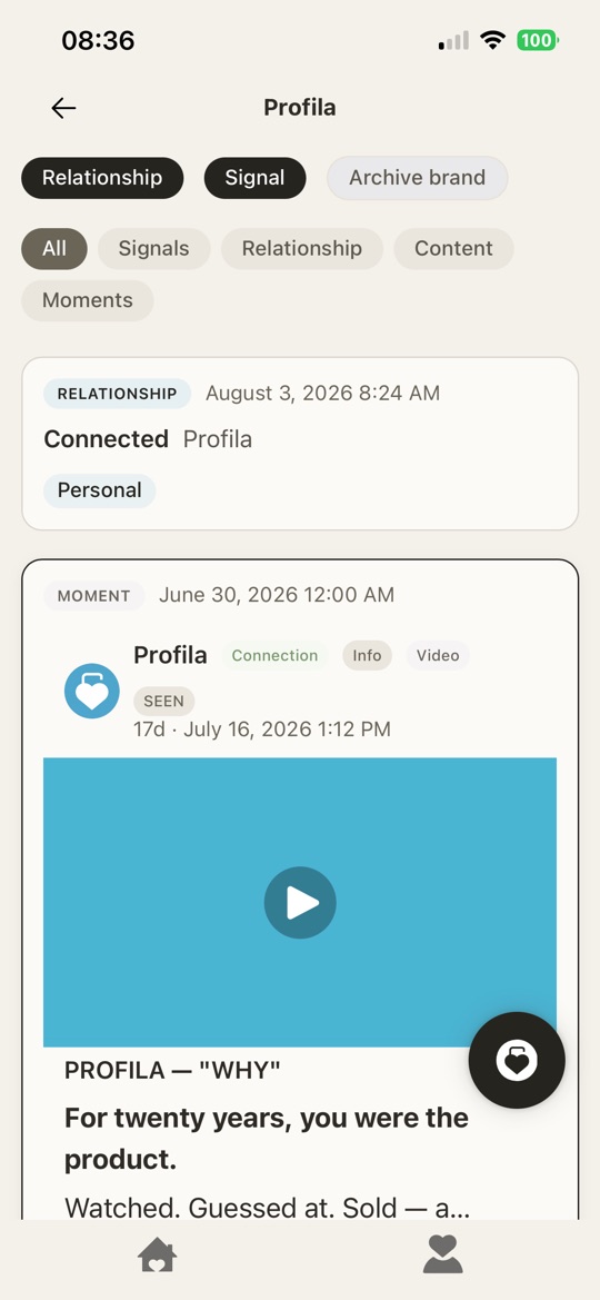 A brand’s timeline filtered by signals, relationship, content and moments