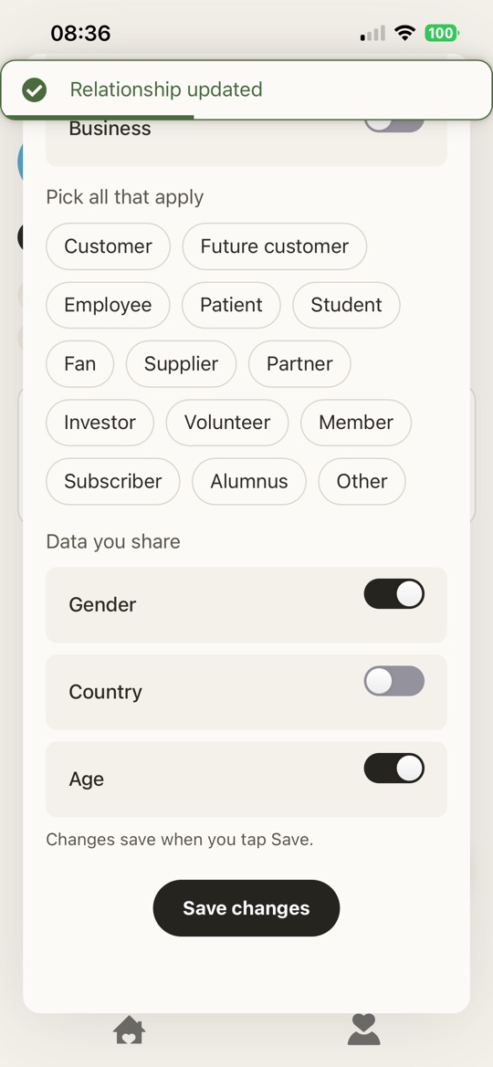A “Relationship updated” confirmation with gender on, country off and age on