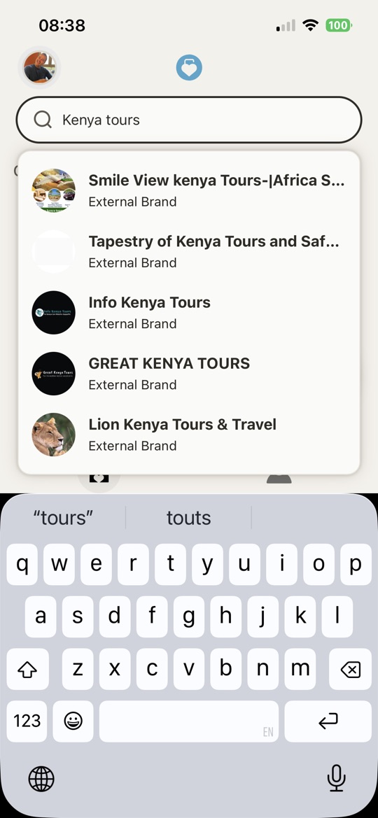 Searching for a brand, showing external brands not yet on Profila