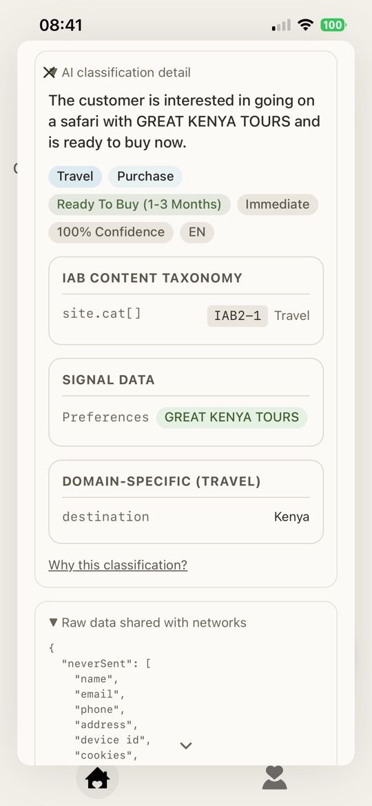 The AI classification panel showing the category, confidence and a “Why this classification?” link