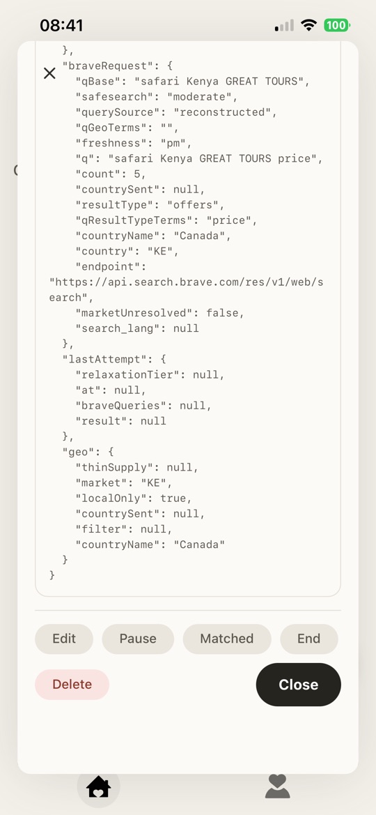 The raw data shared with networks, shown as JSON, above Edit, Pause, Matched, End and Delete