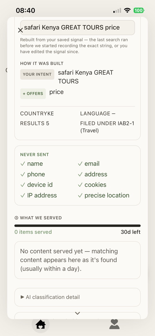 Signal detail showing the “Never sent” list — name, email, phone, address, device id, cookies, IP address, precise location