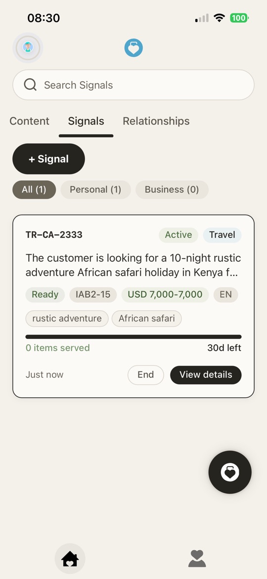 The Signals tab listing an active travel signal with its token, budget and days remaining