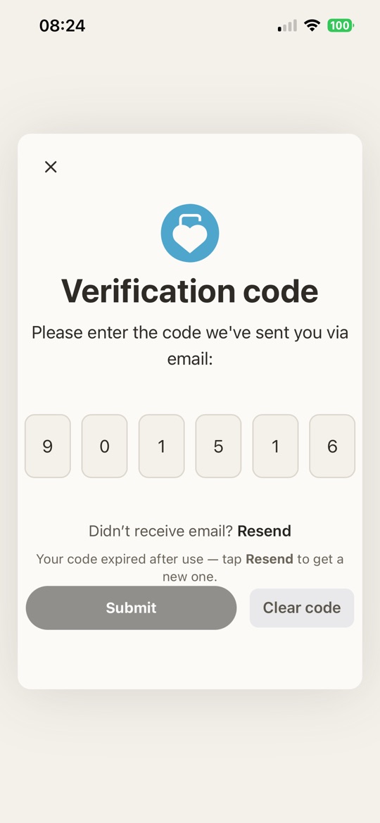 The six-digit verification code screen