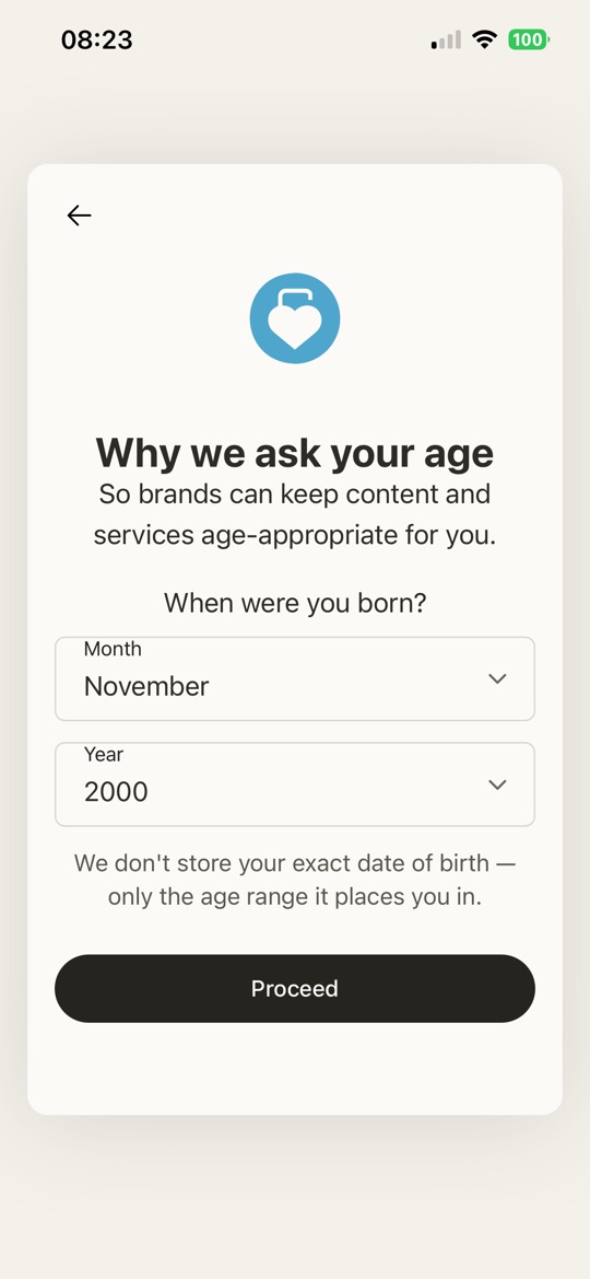 Sign-up asking for month and year of birth, stating the exact date is not stored
