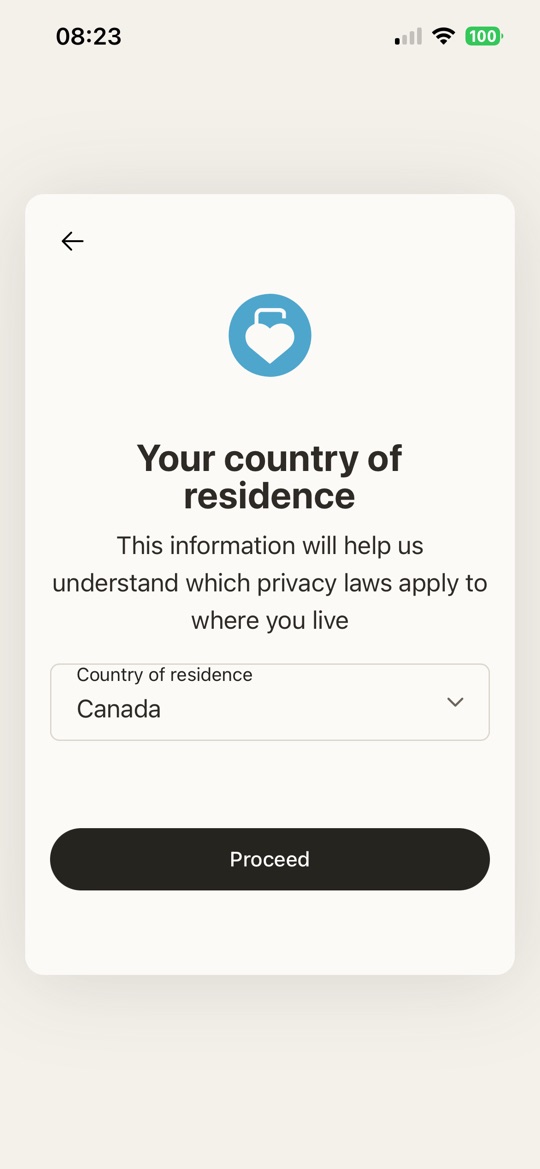 Sign-up asking for country of residence, explaining it decides which privacy laws apply