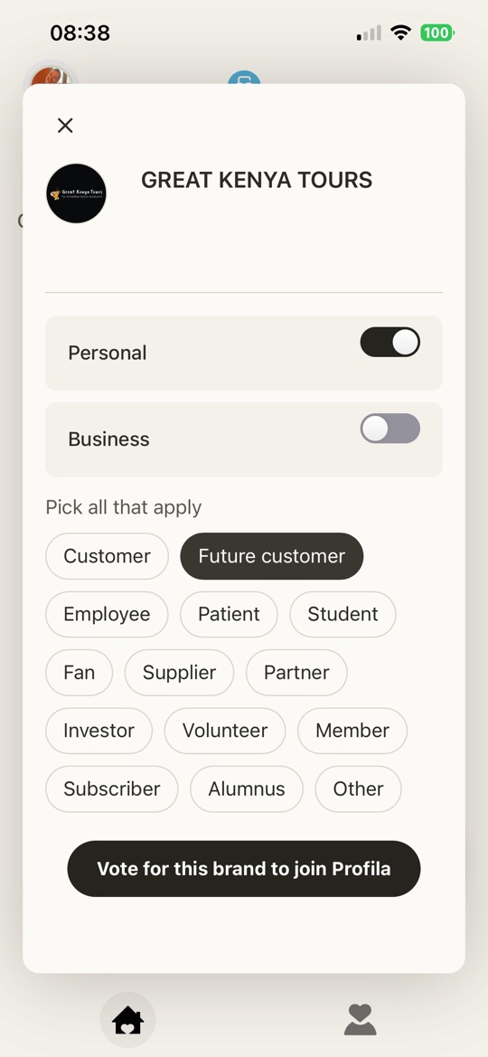 The vote sheet — pick what you are to a brand and vote for it to join Profila