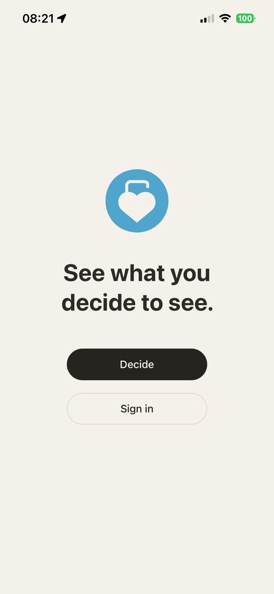 The Profila welcome screen: “See what you decide to see”, with Decide and Sign in