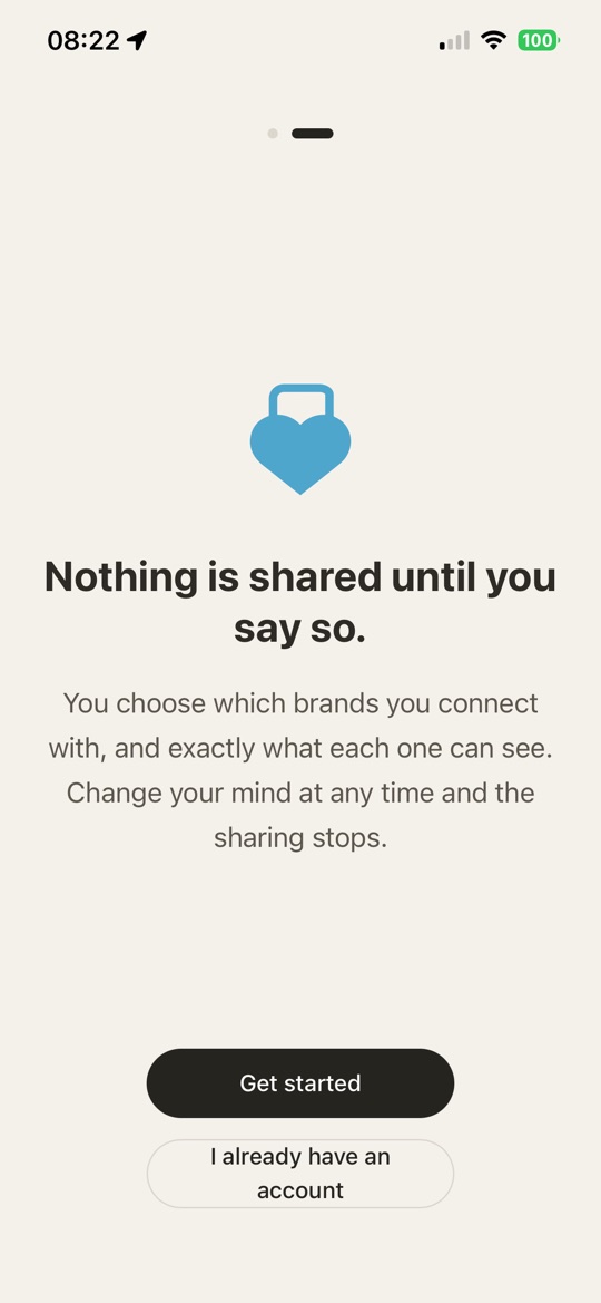 Profila’s welcome screen — “Nothing is shared until you say so. You choose which brands you connect with, and exactly what each one can see.”